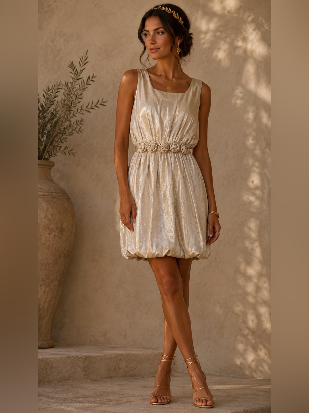 Ya Los Angeles Tan Greek Goddess Mini Dress with 3/D Waist Florals, Large
